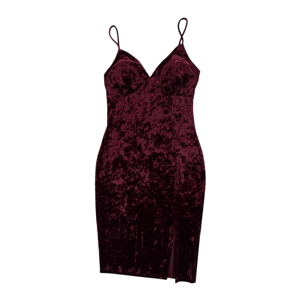 Love Republic Burgundy Crushed Velvet Slip Dress XXS Side Slit Spaghetti Strap‎